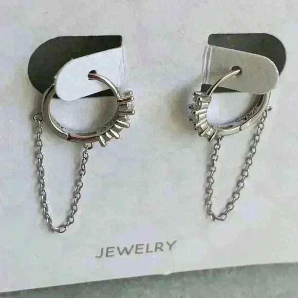 Diamond Paved Silver Huggie Hoop Chain Earrings - Picture 4 of 4